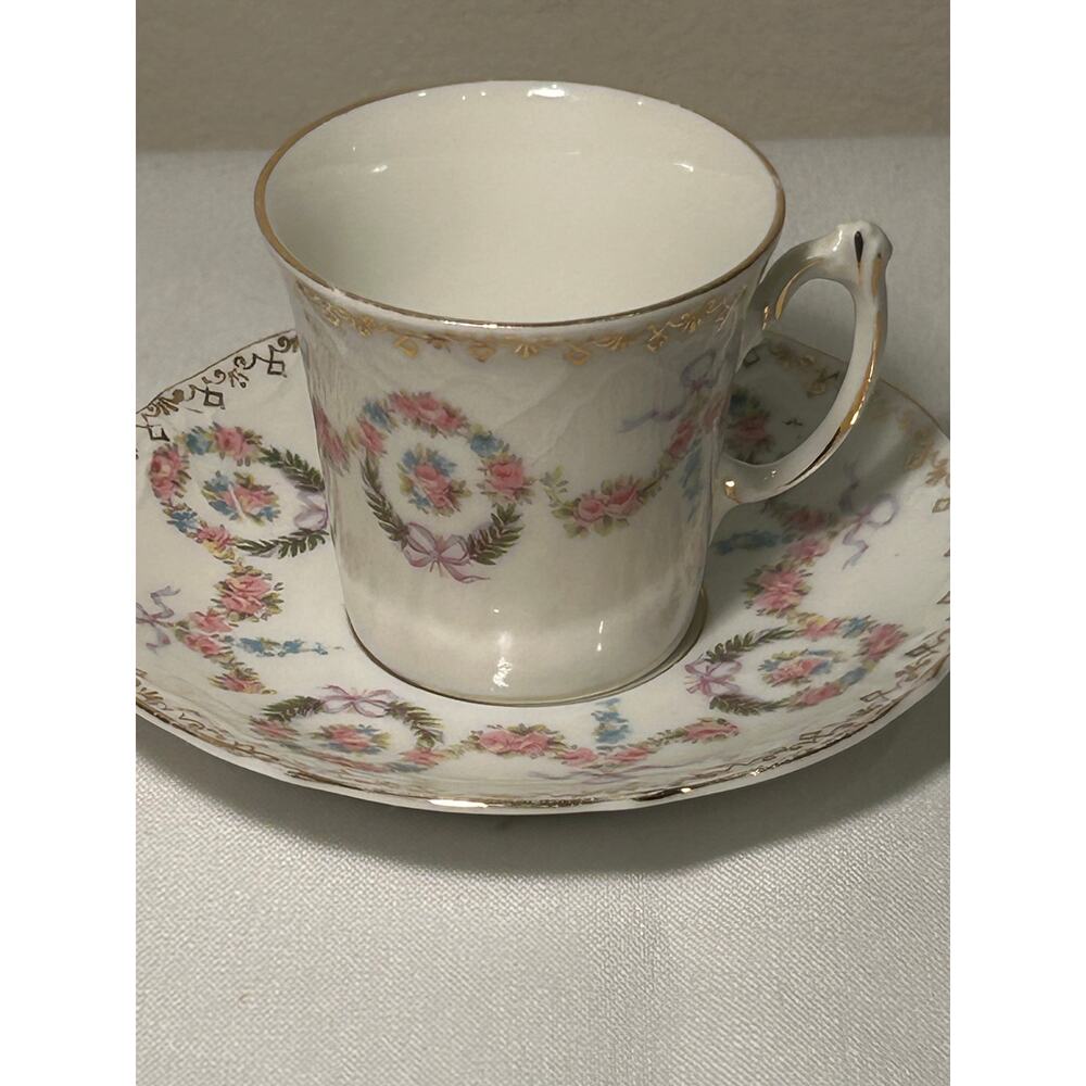 Vintage Antique floral Wreath Gold White Delicate Raised demitasse cup saucer